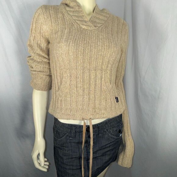 Vintage Y2K Abercrombie & Fitch Lambswool Knit Hoodie Sweater | Beige Ribbed Pul - Picture 13 of 15
